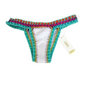 NEW LUXSEA Crochet Bikini Bottoms White Green Multi Boho Beachy - Size Small